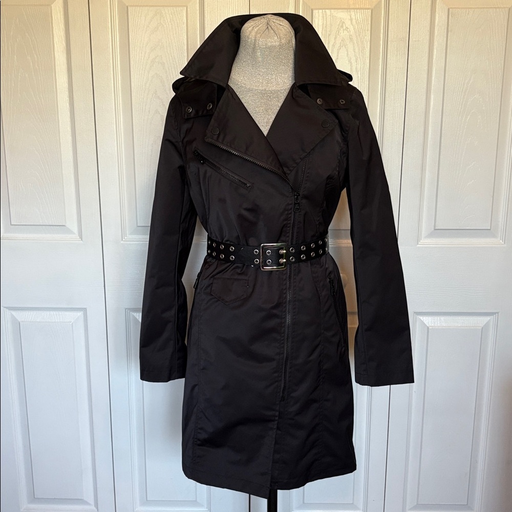 Avec Les Filles Black Moto Trench Coat M Removable Hood Water Resistant Zipper